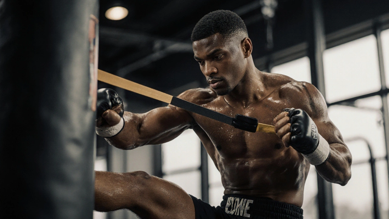 Боксёр бьёт по мешку, стоя на одной ноге, с резиновыми лентами для сопротивления.