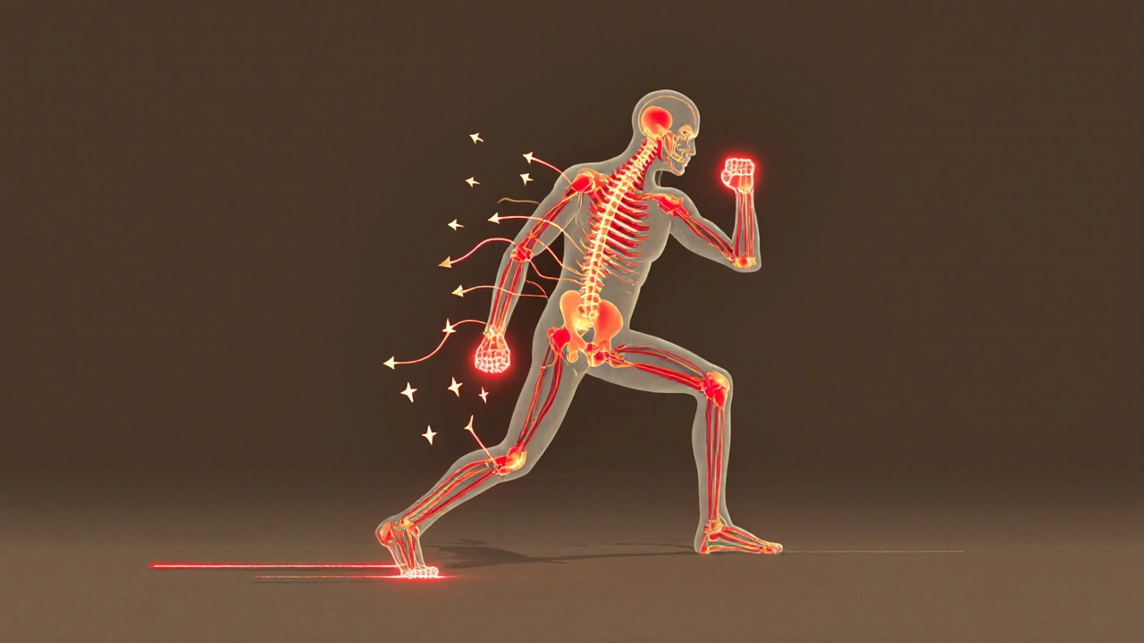 Схема передачи силы через тело: от ног до кулака, с визуализацией энергии.