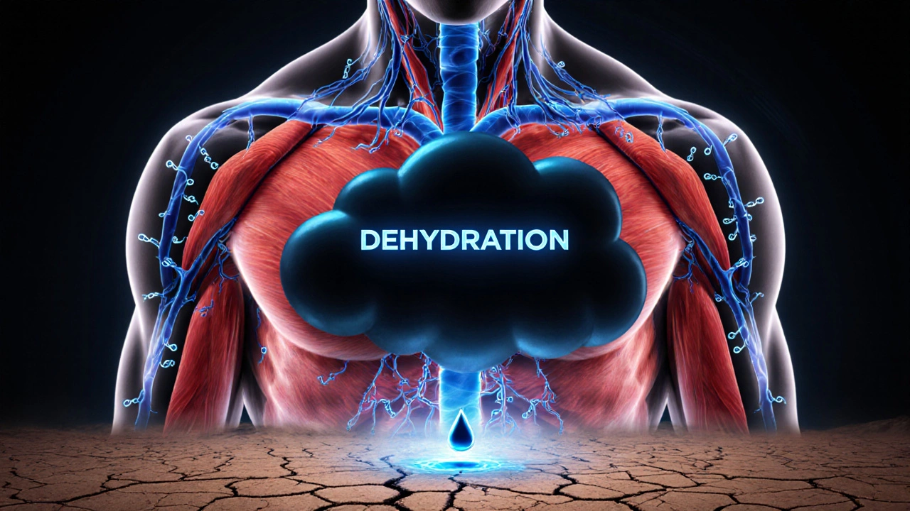 Схематичное изображение тела боксера с потоками воды и электролитов, борющихся с обезвоживанием.