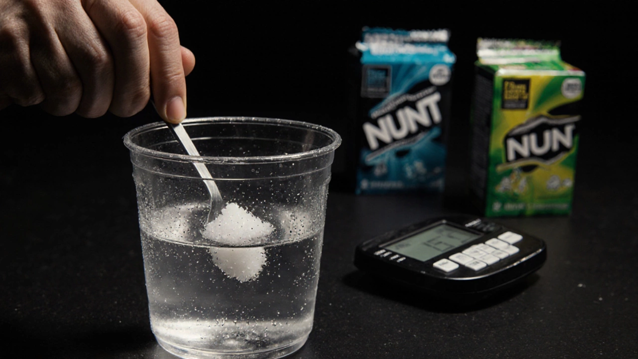 Тренер готовит электролитный напиток для боксера: вода, соль и мальтодекстрин в стакане.