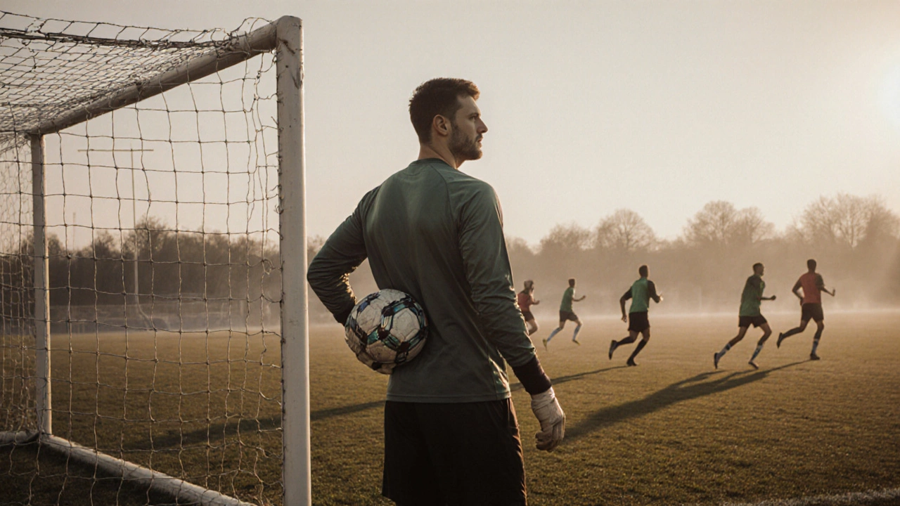 Вратарь один на поле, спокойно смотрит на игру, держа мяч в руках.