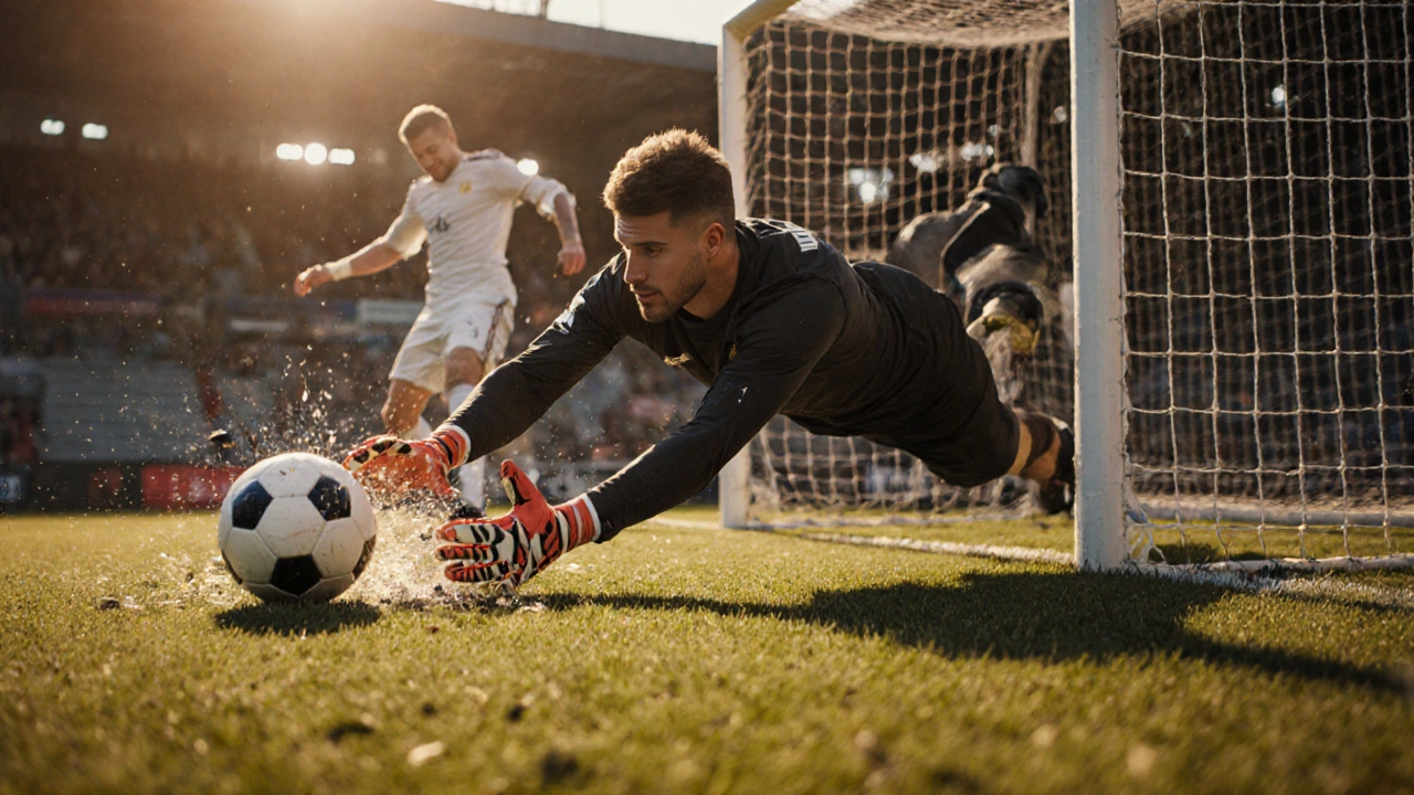 Вратарь в прыжке пытается отразить удар, мяч почти касается его пальцев.