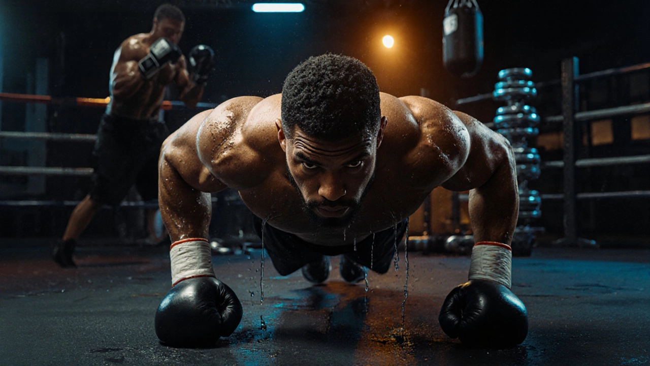 Боксер делает отжимания в зале, пот капает на пол, на заднем плане — тяжелый мешок.
