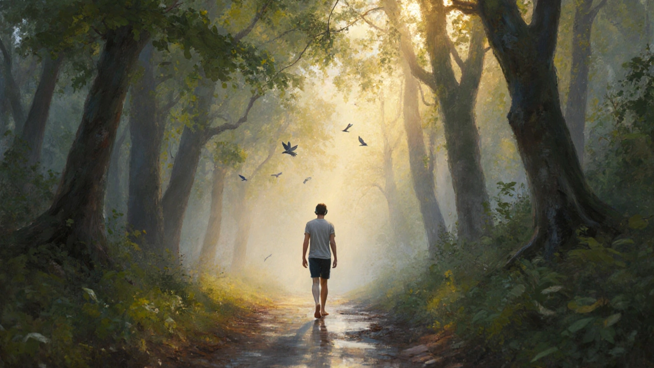 Человек медленно идёт по лесной тропе на рассвете, без телефона и наушников, окружённый природой и мягким светом.