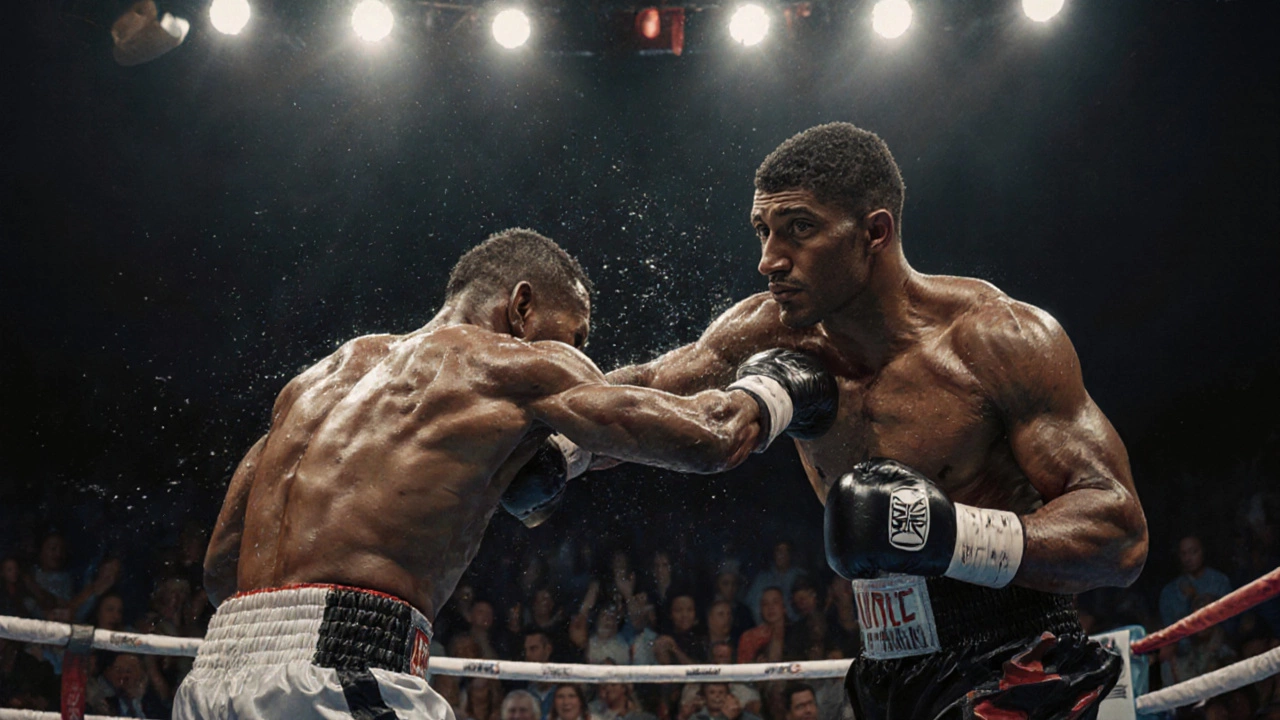 Два боксера в спарринге, один уклоняется, другой атакует в тело.