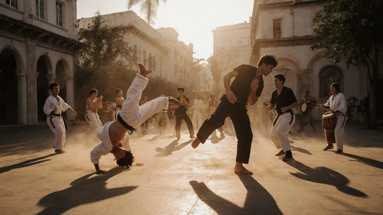 Группа людей танцует капоэйру в уличном круге под музыку, двигаясь грациозно и без ударов.