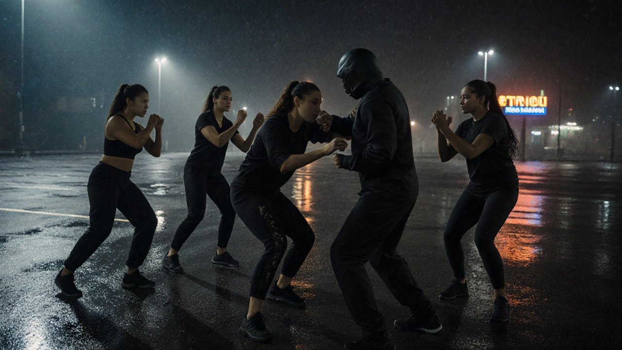 Группа женщин тренируется в реалистичном сценарии на темной парковке в Санкт-Петербурге.