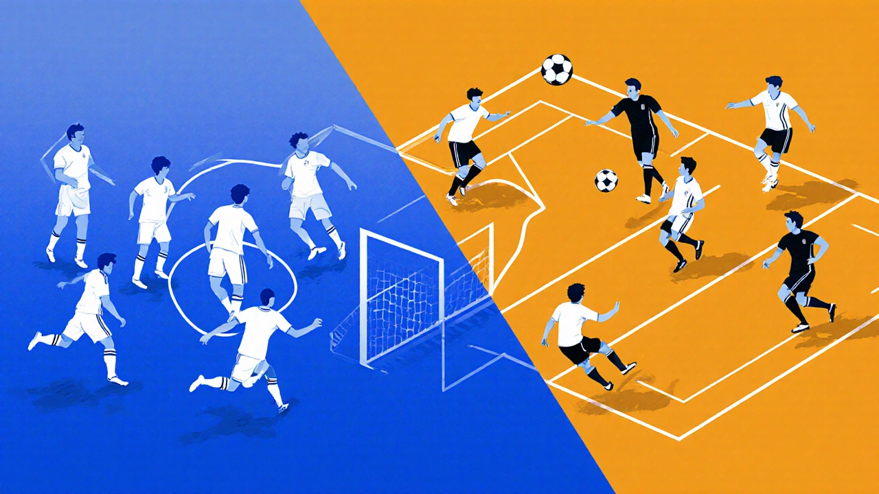 Контрастные сцены стилей игры: Испания — пасы и движение, Германия — структура и точность.