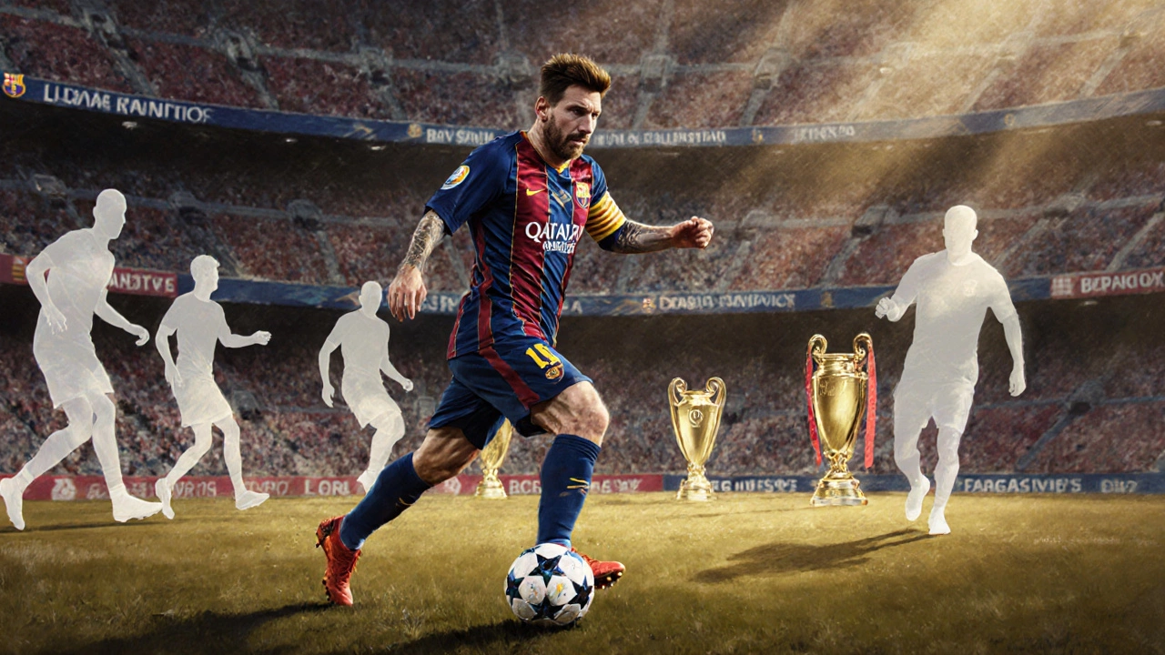 Лео Месси ловко ведёт мяч, окружённый тенями защитников, золотой свет, стадион Барселоны на заднем плане.