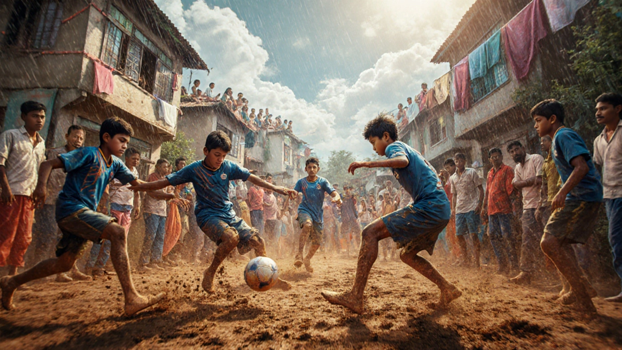 Мальчики играют в футбол на грязном поле в деревне Керала, Индия, вокруг — дома и зрители.
