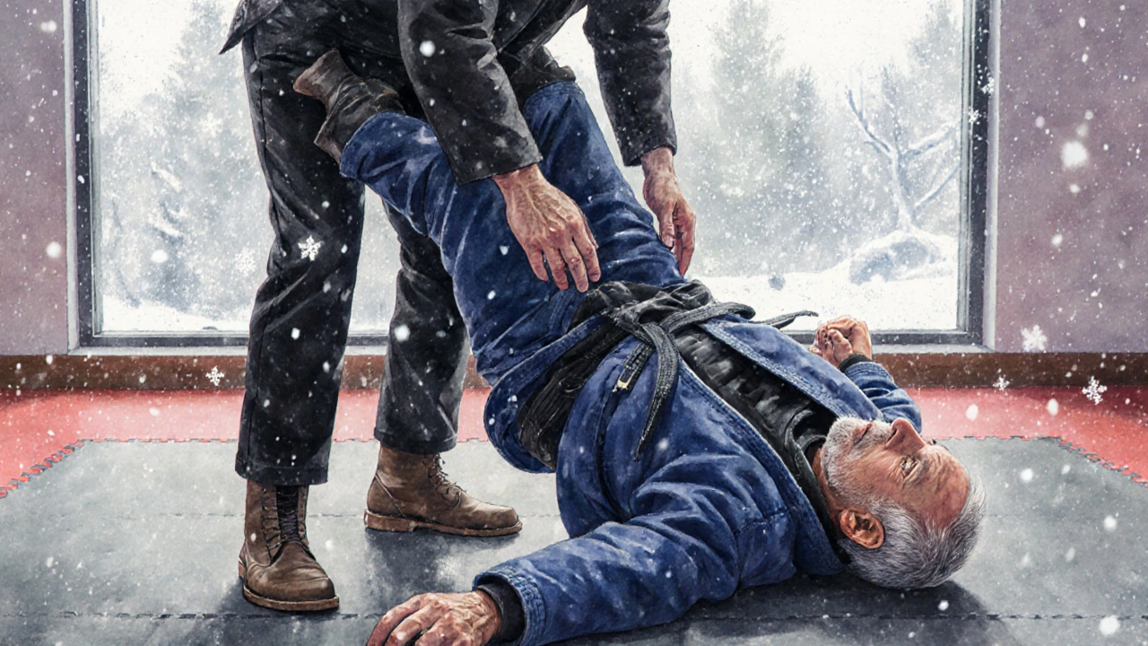 Мужчина средних лет падает в мягком самбо, тренер помогает, за окном зима.