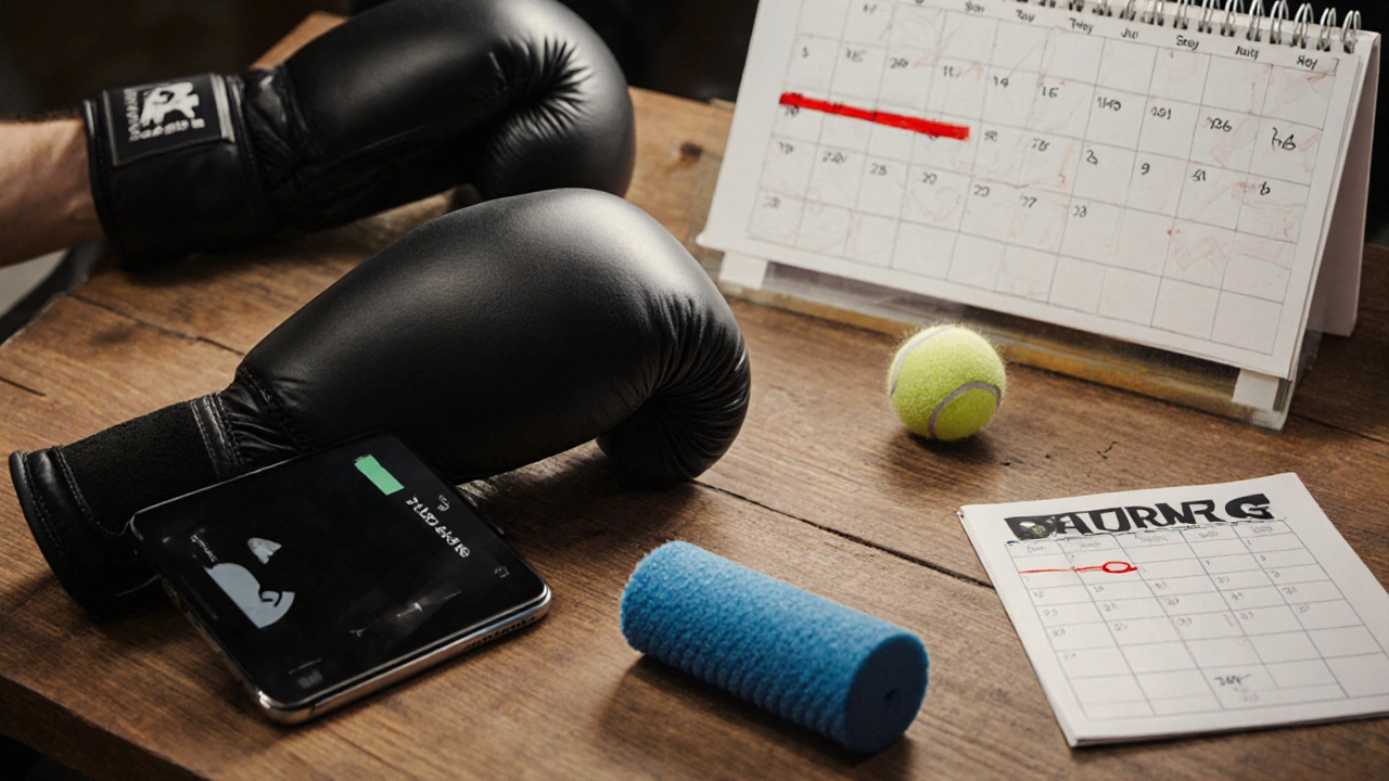 Перчатки и телефон с видео на столе, зеркало отражает спину, рядом роллер и теннисный мяч.