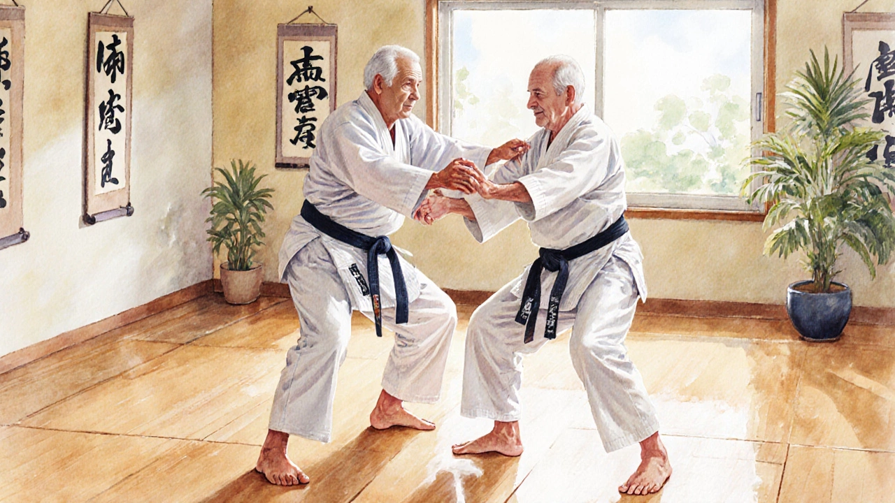 Пожилые люди занимаются айкидо в спокойной обстановке, двигаясь в круговом движении без агрессии.