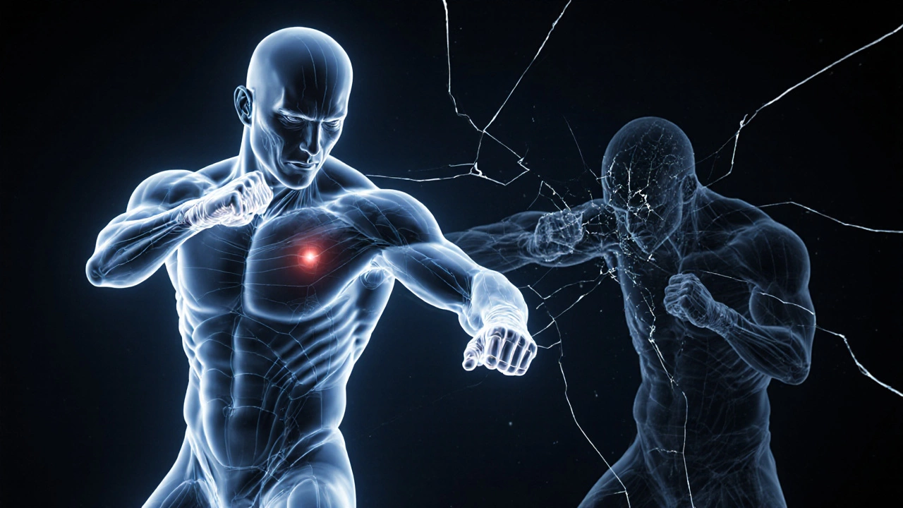 Прозрачные схемы правильной техники удара на фоне искажённого силуэта с ошибками.