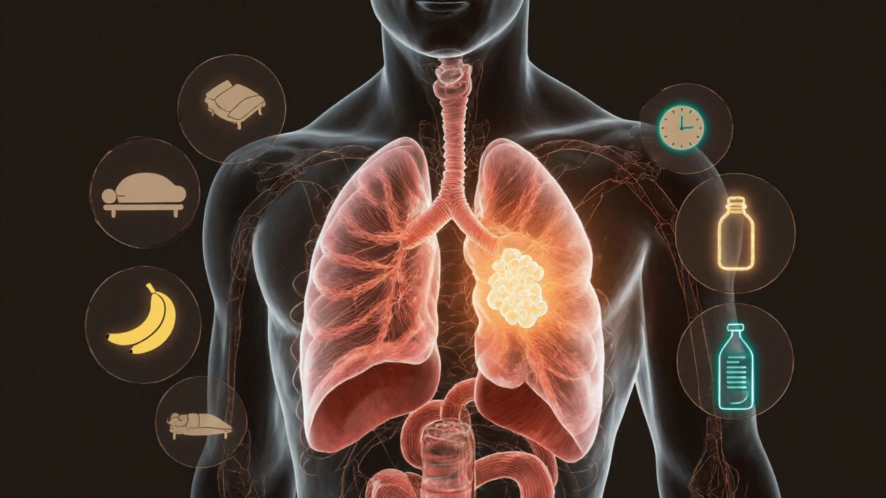 Прозрачный разрез тела показывает глубокое дыхание, поток кислорода и запасы гликогена в мышцах.