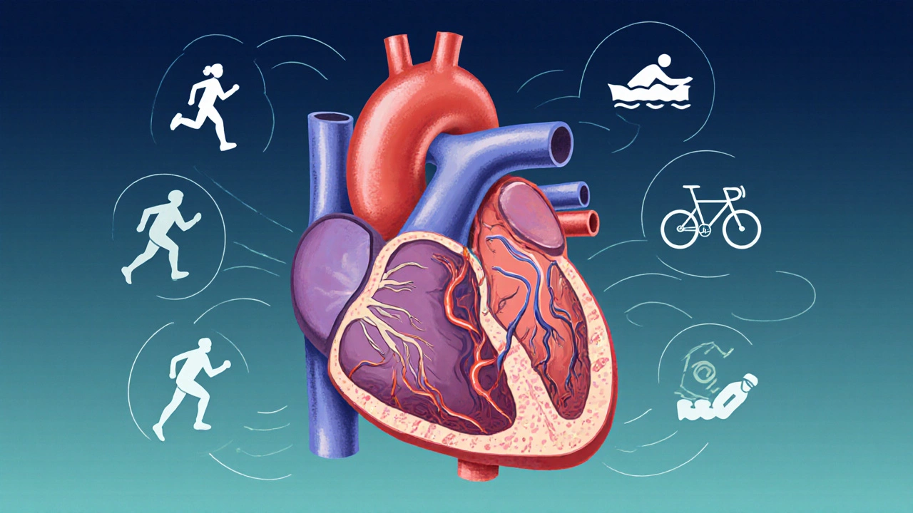 Разрез сердца с увеличенным левым желудочком и потоком крови, символизирующий спортивную адаптацию.