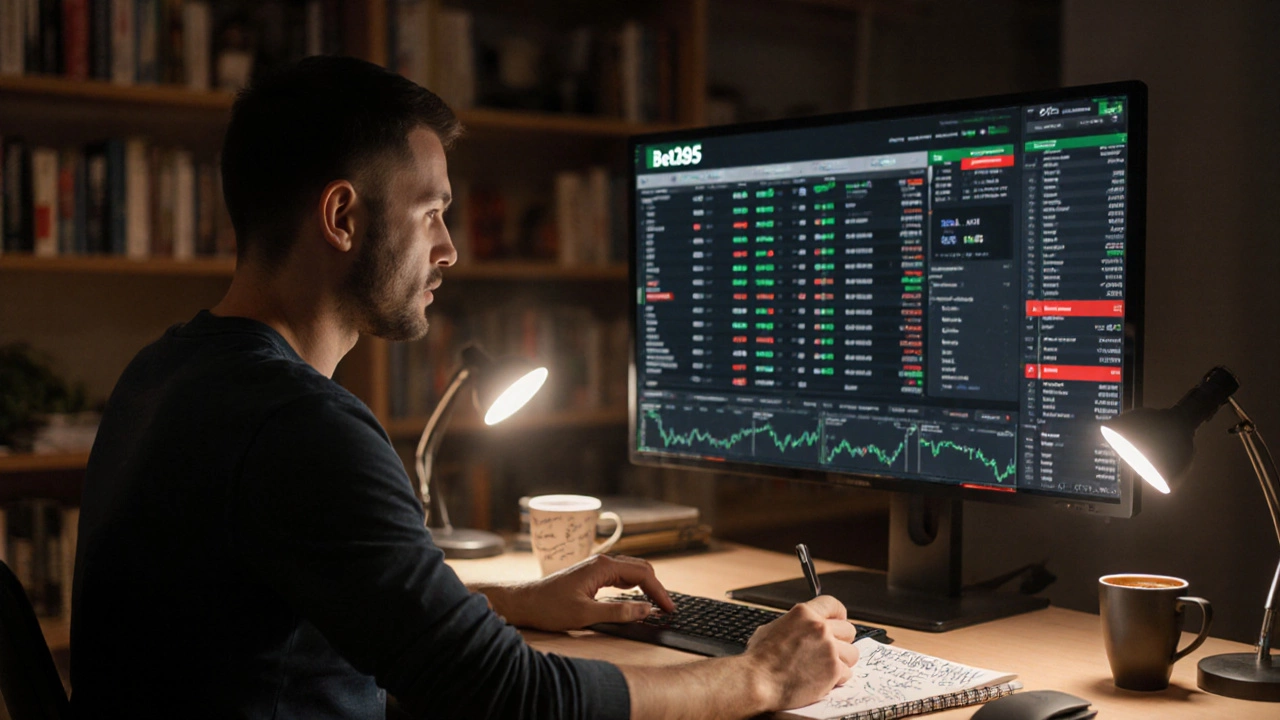 Российский ставщик анализирует статистику матча за компьютером ночью, окружённый заметками и кофе.