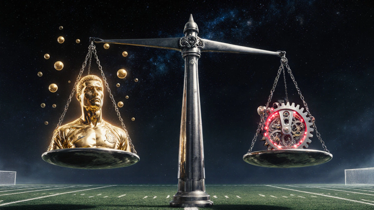 Символическая весы с Пеле, Роналду и Левандовски, сотни точек-голов, космическое пространство, футбольные поля как галактики.