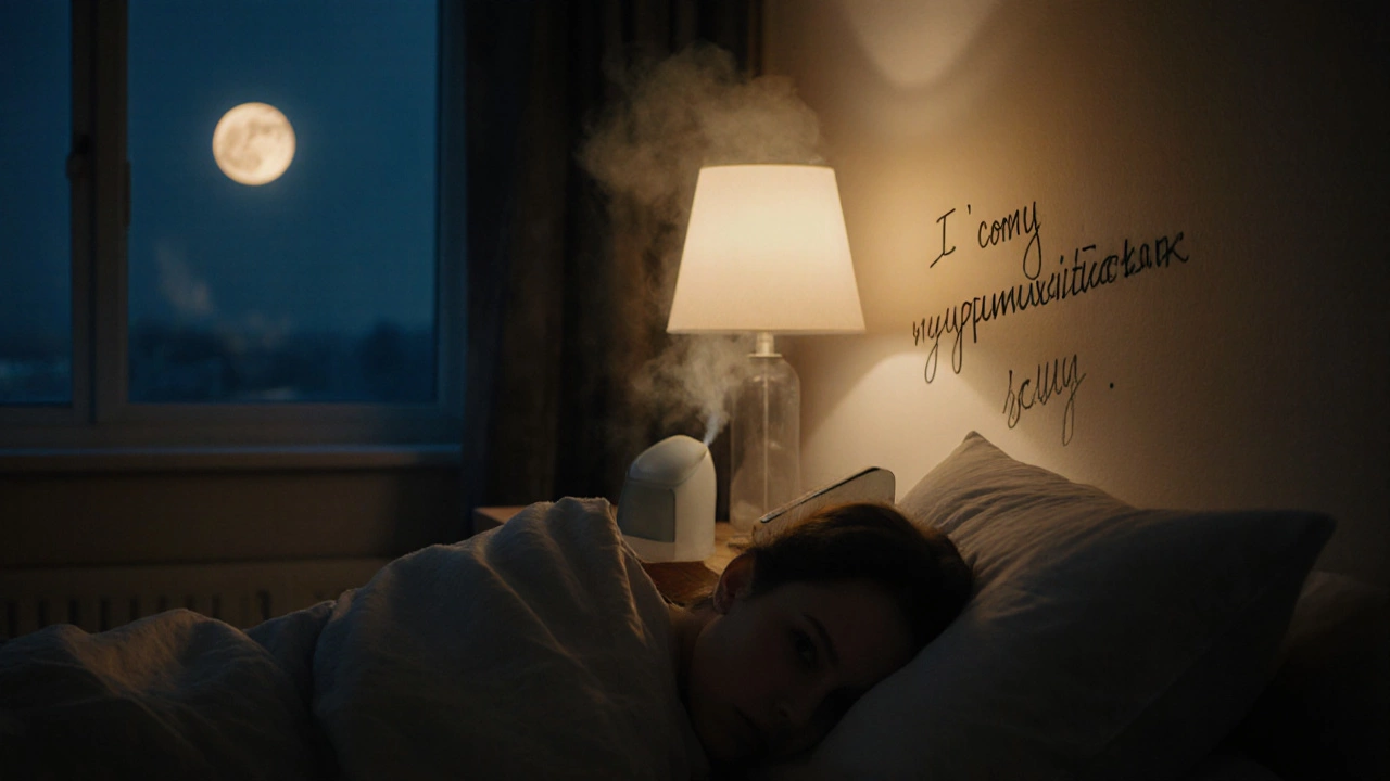 Спящий человек в тёплой комнате, телефон перевёрнут, на стене — записка с личной целью, мягкий свет ночника.