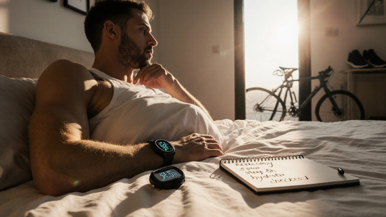 Спортсмен в постели с утренним пульсом и дневником восстановления.