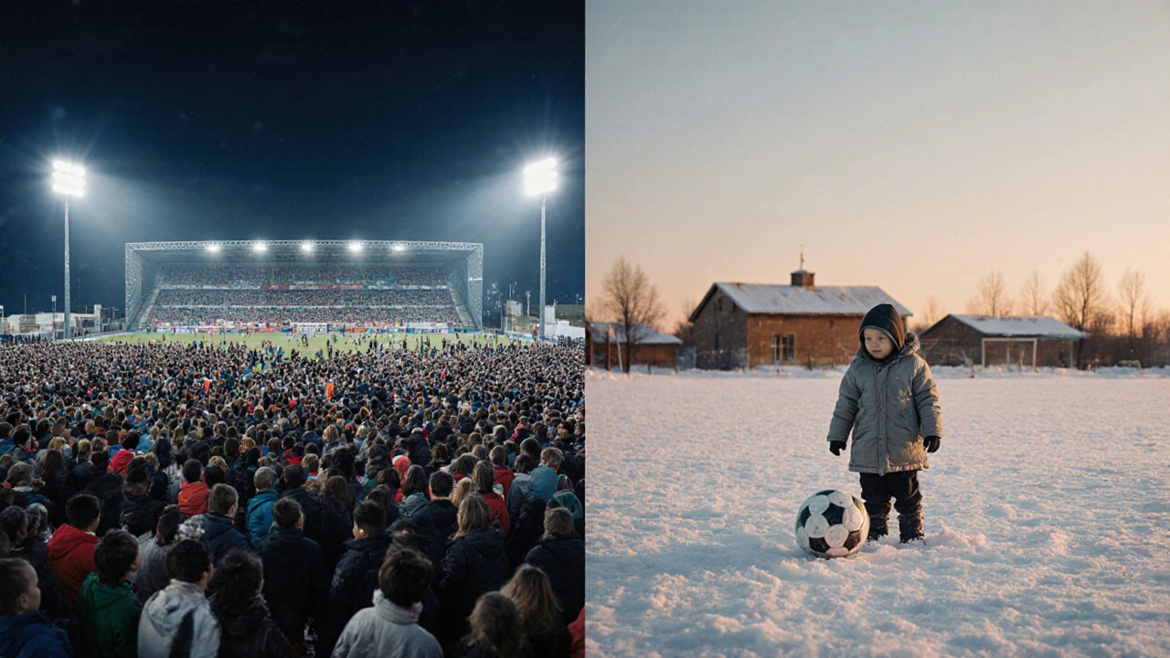 Сравнение: дети тренируются в Москве и одинокий ребенок у заброшенного поля в Сибири.