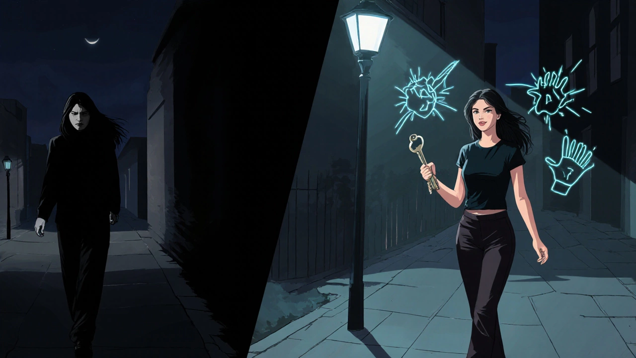 Сравнение женщины в страхе и уверенной — символ перехода от уязвимости к самообладанию.