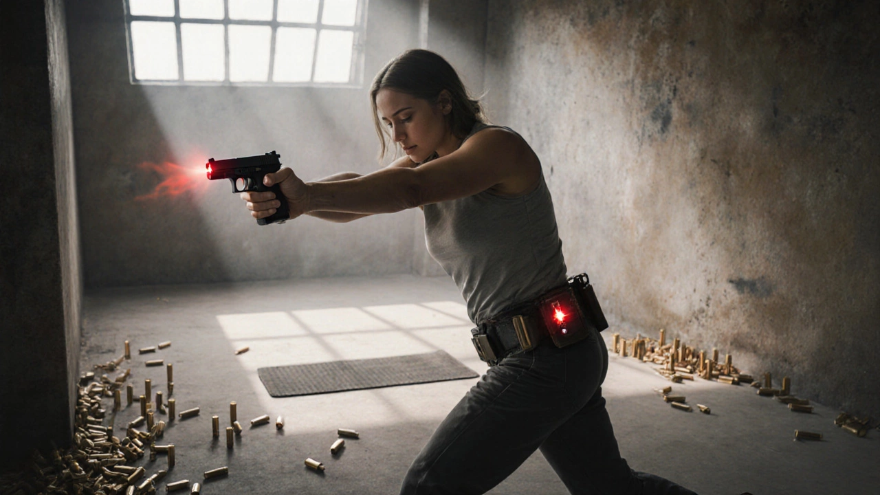 Женщина тренируется доставать пистолет с поясной кобуры на стрельбище