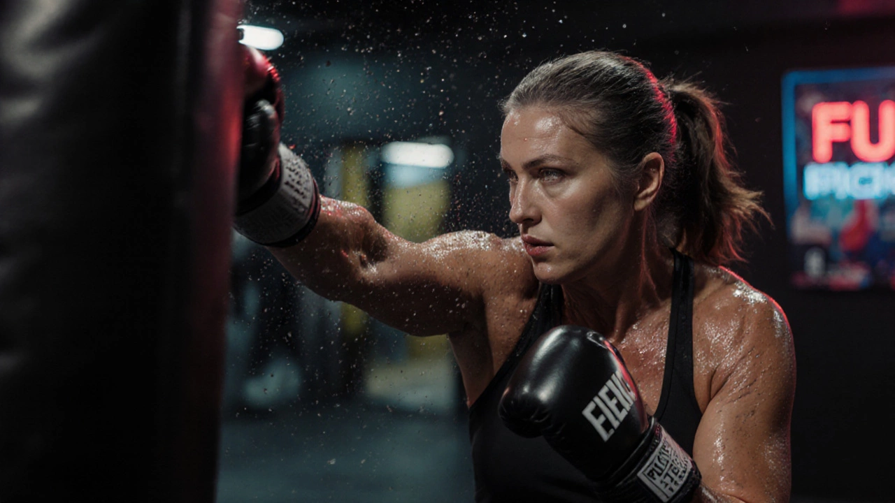 Женщина в возрасте наносит удар по боксёрскому мешку в зале, видно напряжение и пот.