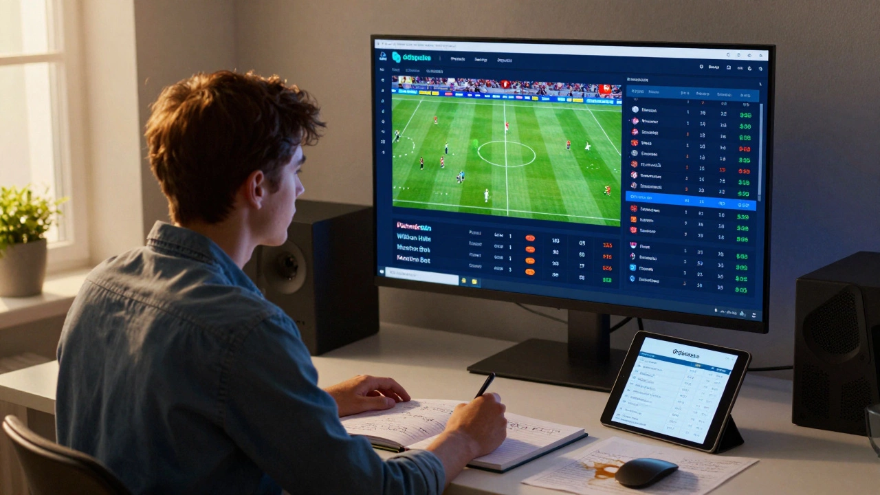 Аналитик в офисе изучает данные матчей, на стене — таблицы коэффициентов и статистика.