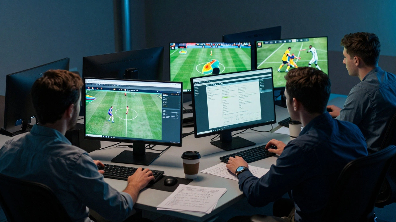 Аналитики в темной комнате анализируют матчи на мониторах с данными.