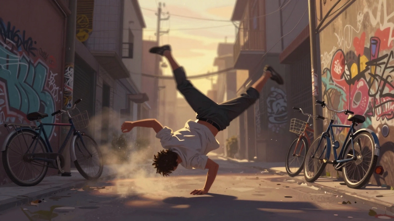 Человек движется в стиле капоэйры, уклоняясь от нападающего в узкой улице.