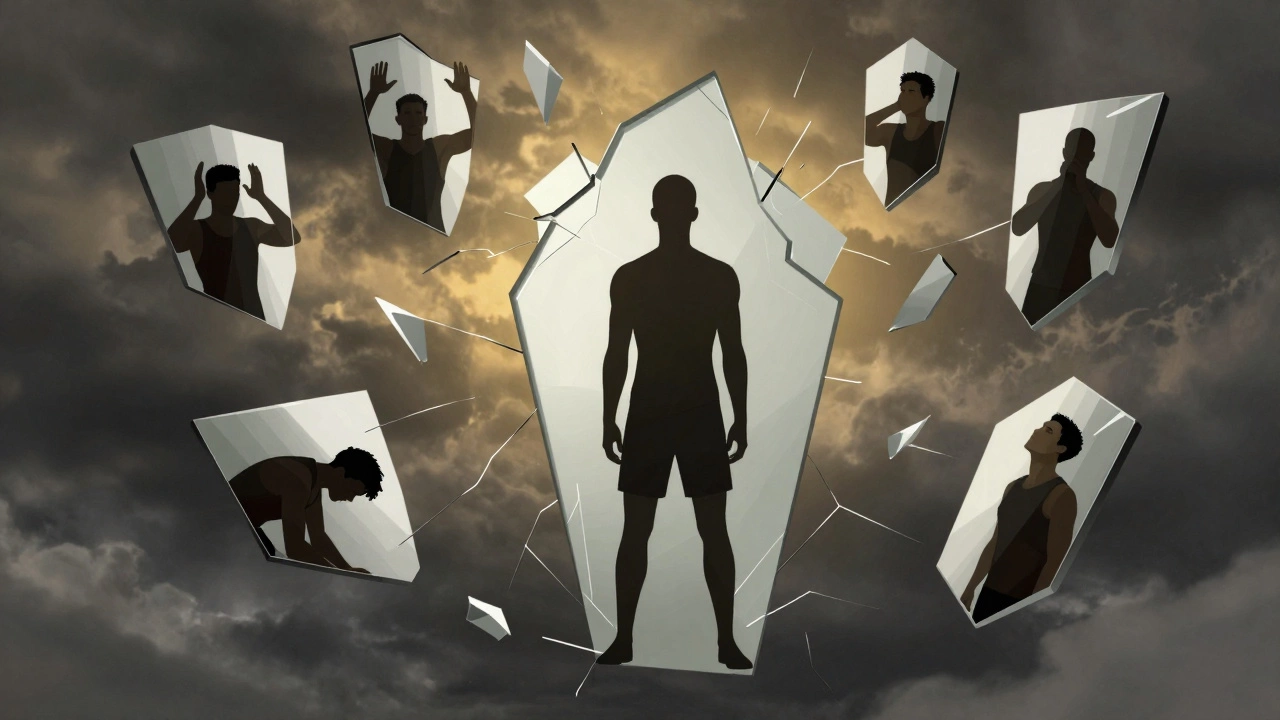 Человек в зеркале, осколки отражают разные версии себя — страх, усталость, сила.
