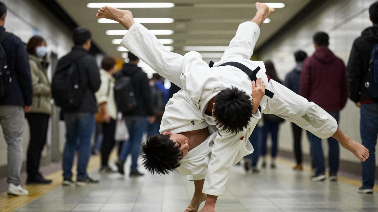 Человек выполняет бросок дзюдо в переполненном метро, нападающий выше ростом.