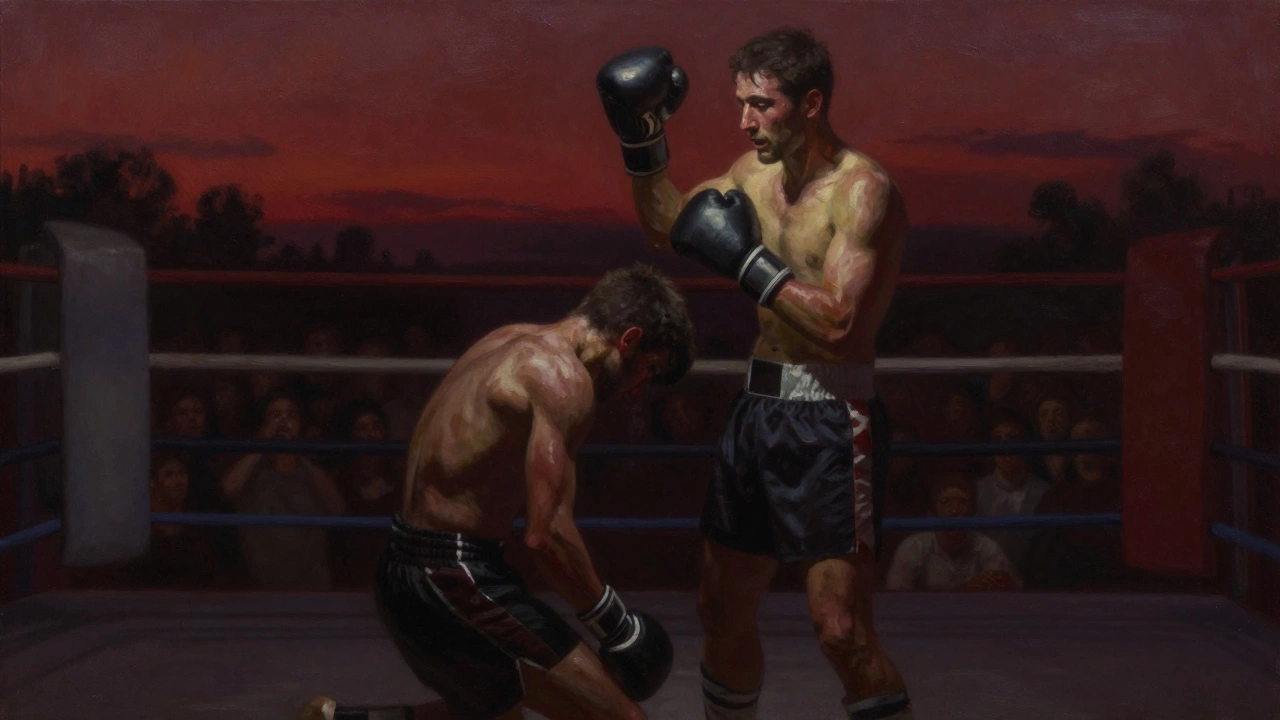 Два боксёра в ринге: один стоит, другой на коленях — эмоции в их взглядах.