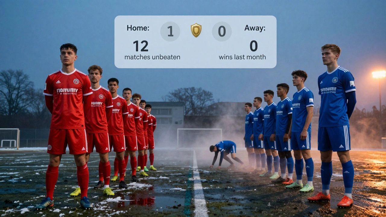 Две футбольные команды на заснеженном поле при сумерках — одна уверена, другая измотана и в дожде.