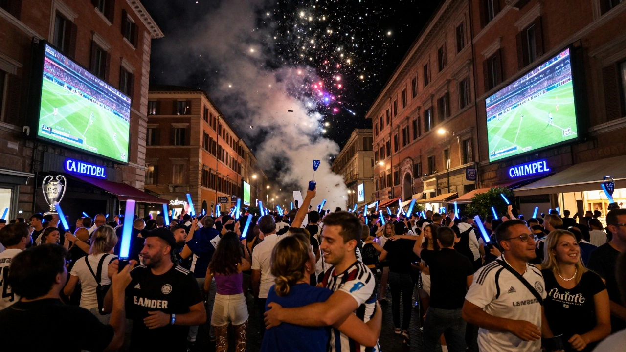 Фанаты празднуют на Виа дель Корсо после финала Лиги чемпионов, с проекциями матча и фейерверками.