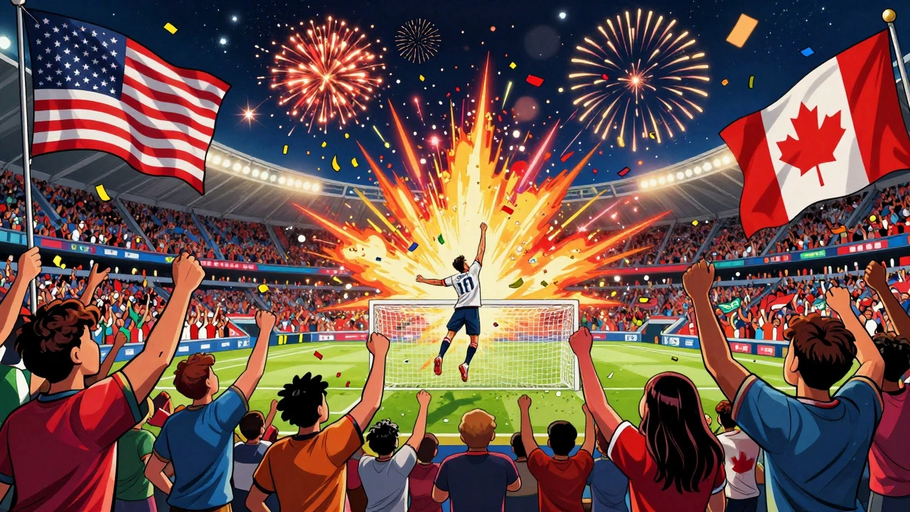Финал ЧМ-2026 в Нью-Йорке: игрок забивает гол, толпа взрывается от восторга.