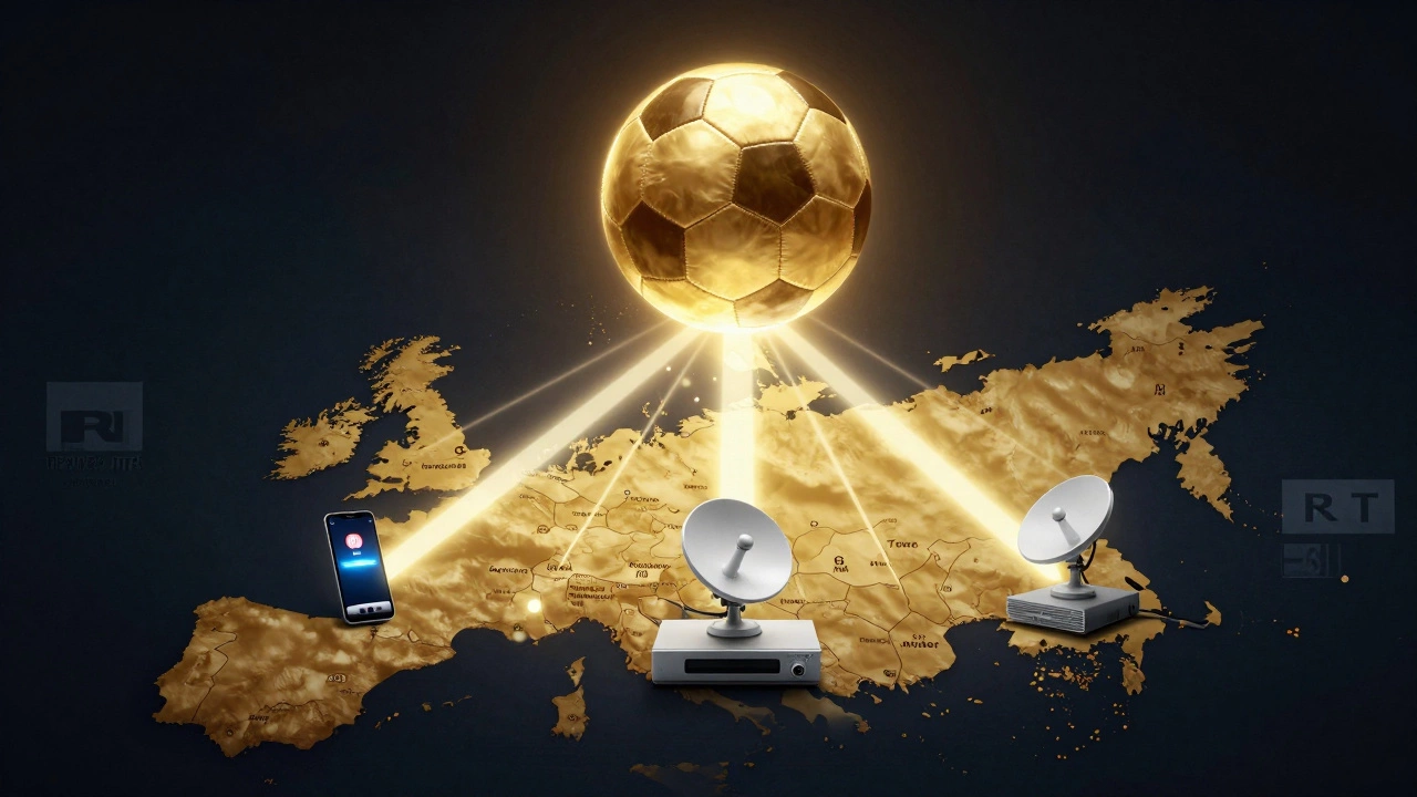 Футбол над картой России, соединяющий способы подписки на трансляции АПЛ.