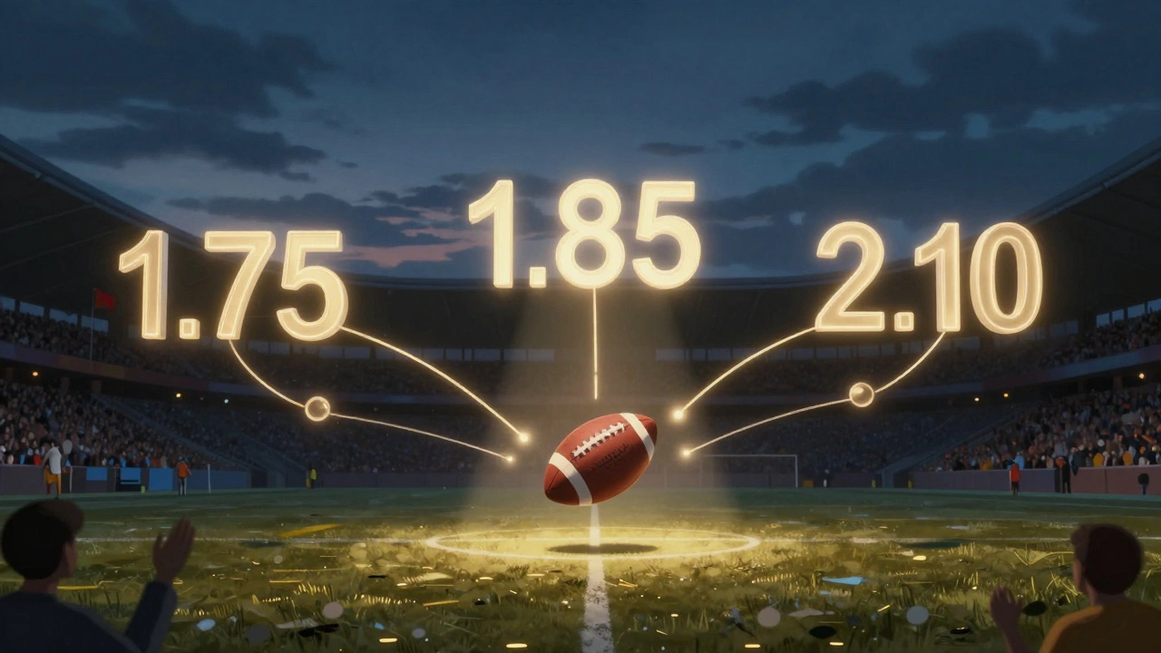 Футбольное поле с парящими коэффициентами, соединёнными светящимися линиями, над футбольным мячом.