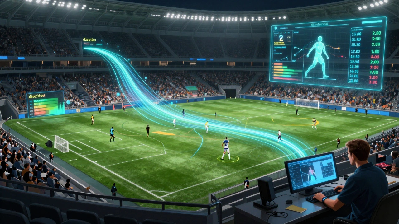 Футбольный стадион с потоками данных ИИ, анализирующих движения игроков и тактические паттерны.