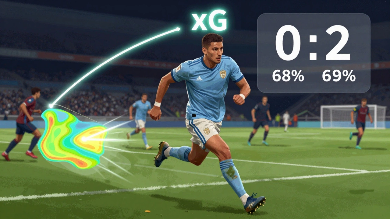 Футболист в движении, окруженный цифровыми статистическими элементами, показывающими его влияние без мяча.
