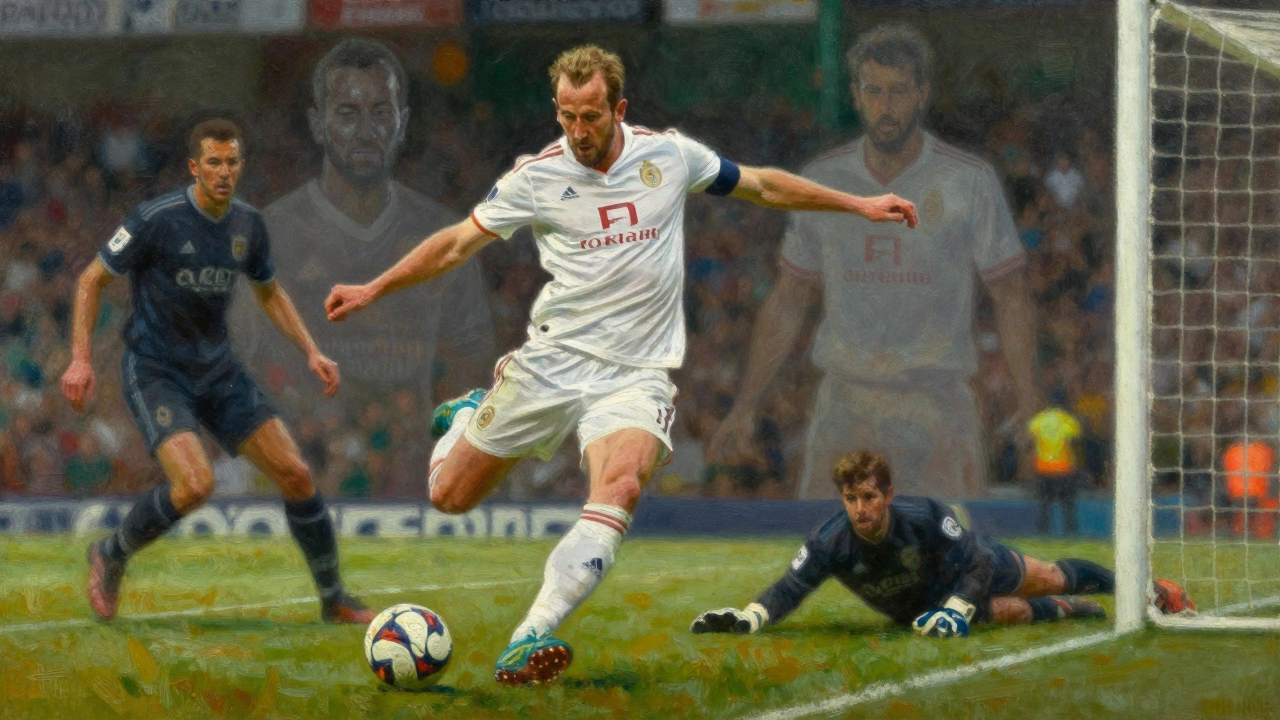 Гарри Кейн бьёт по воротам, вокруг него размытые фигуры защитников и призраки прошлых бомбардиров.