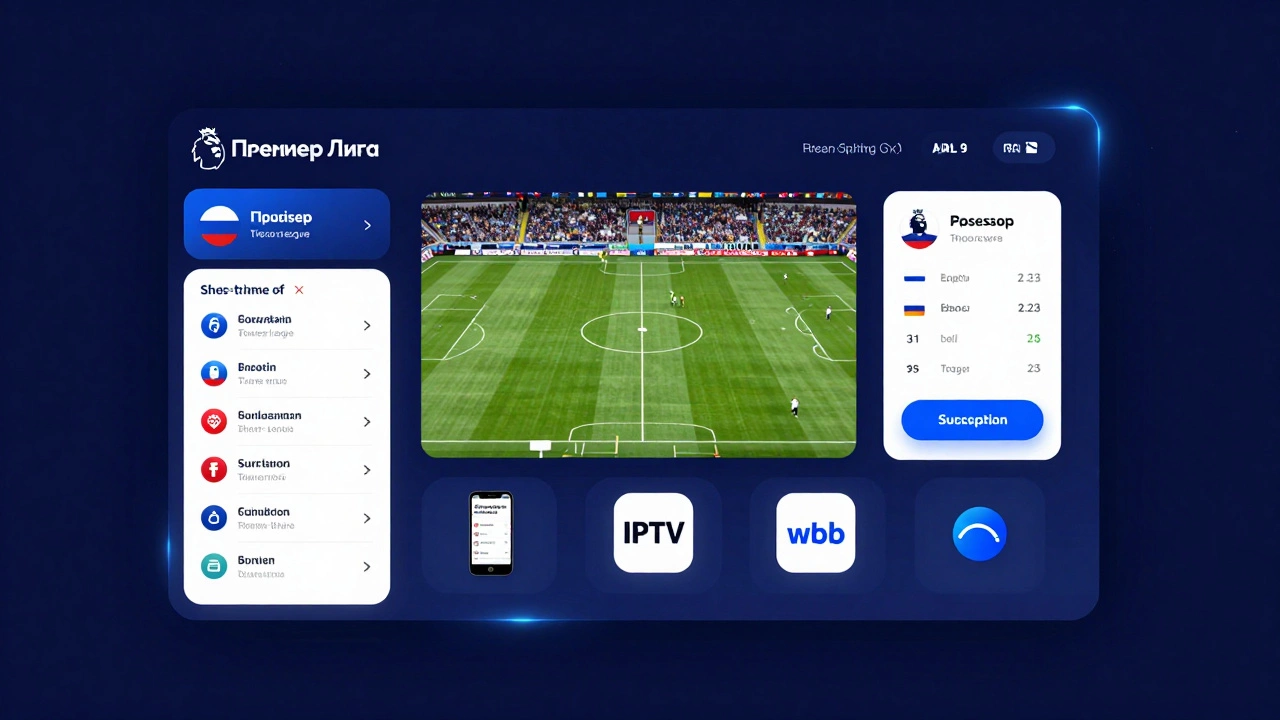 Интерфейс платформы Премьер Лига с выбором аудио, статистикой и доступом через устройства.