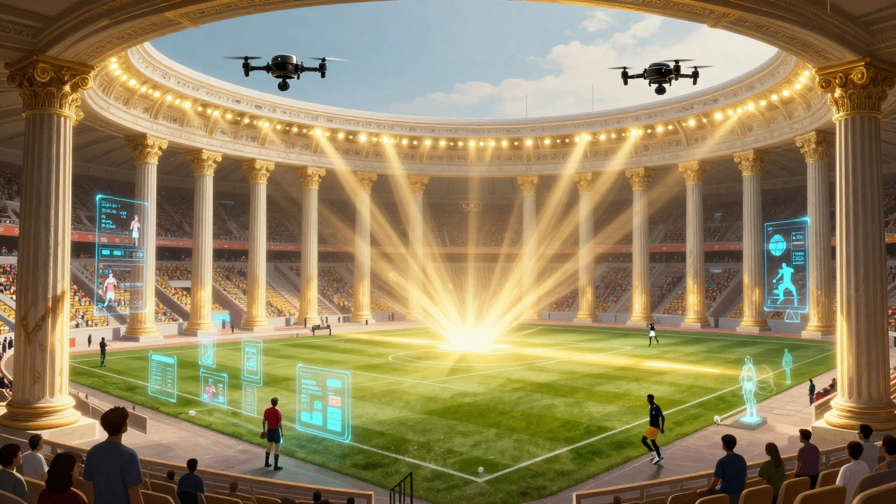 Концептуальное изображение стадиона как храма футбола с голографическими технологиями и призраками легенд.