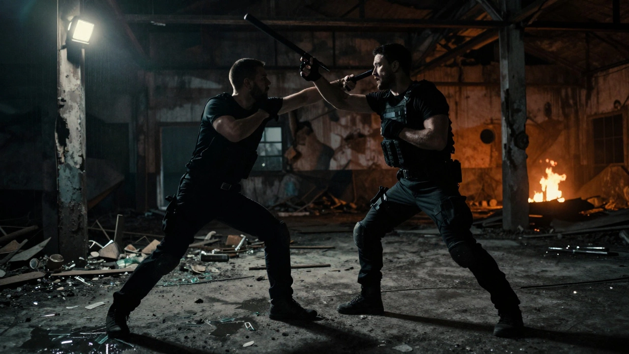 Крав-мага: тренер учит выживанию в темном складе, нападающий с палкой.