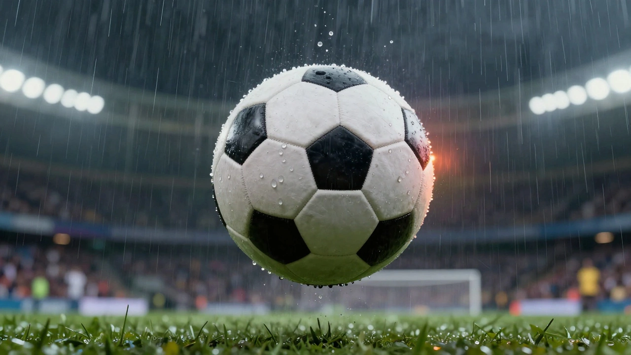 Мяч в полете под дождем, капли воды на поверхности, фон — стадион в сумерках.