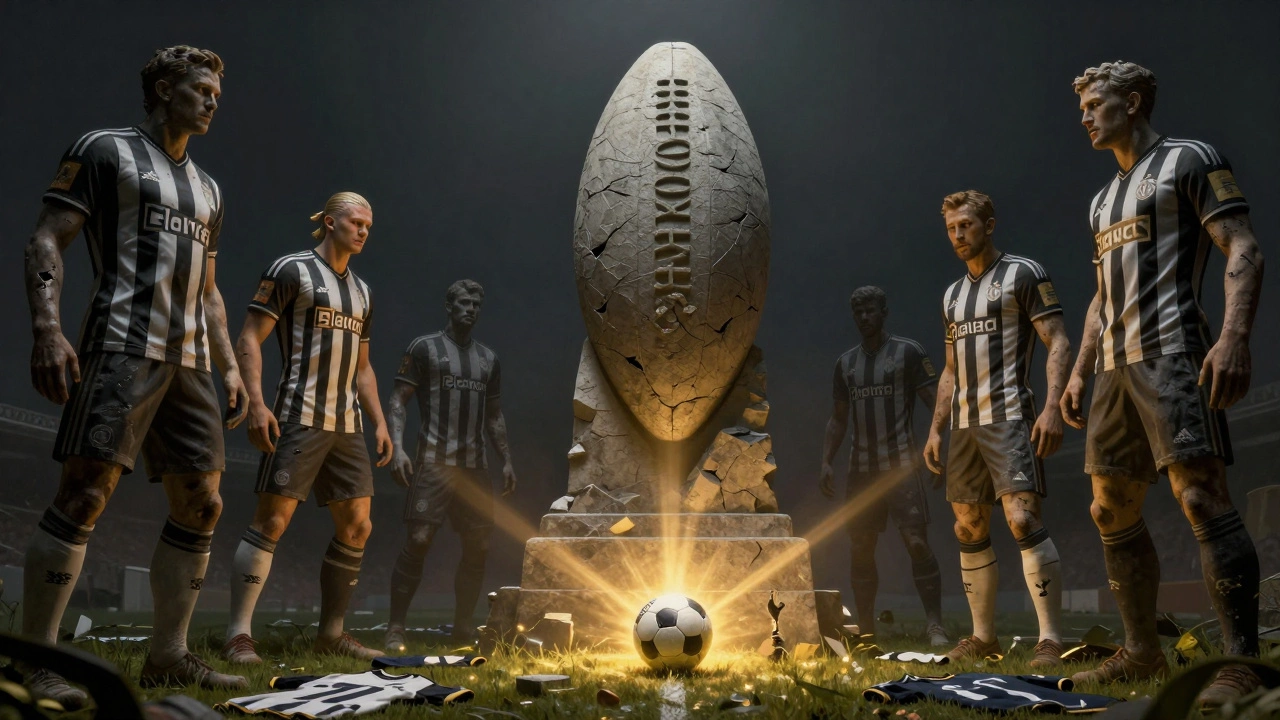 Монумент с числом 260 возвышается над разрушающимися статуями современных нападающих, у основания — светящийся мяч.