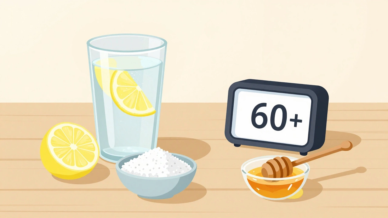 На столе вода с лимоном, соль и мёд — домашний электролитный напиток.