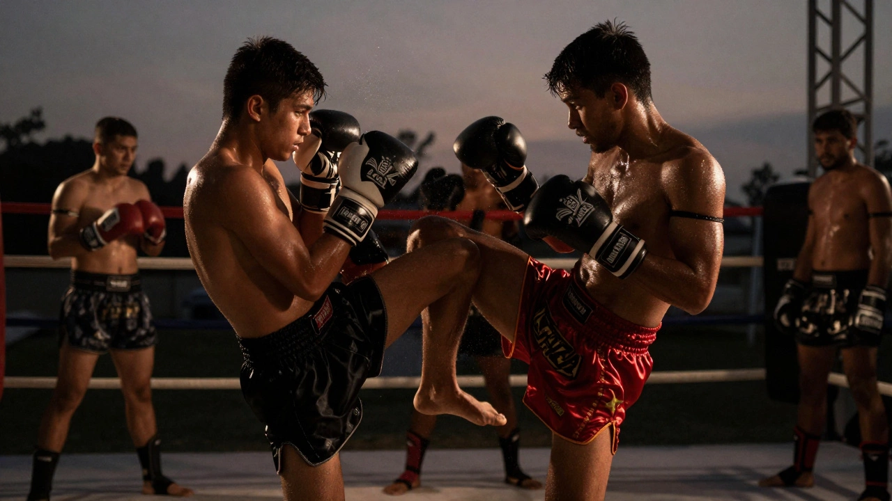 Новичок в муай тай получает коленом в ребра, в полете пот и напряжение мышц, темный фон.