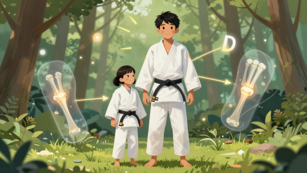 Подросток в дзюдо-форме стоит рядом с сестрой, вокруг них — символы роста и здоровья.